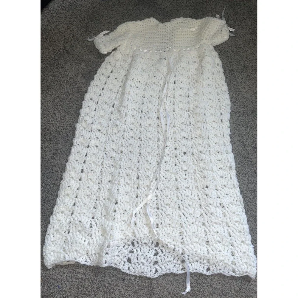Vintage Hand Crochet Baby Christening Gown Bonnet White 29in Heirloom